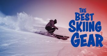 Skiing gear graphic with skier the best skiing gear headline
