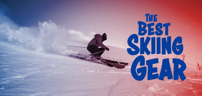 Skiing gear graphic with skier the best skiing gear headline