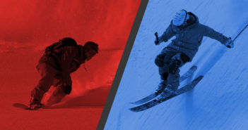 Banner image with a red snowboarder and blue skier