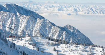 snowy mountains at snowbird resort with aerial tram